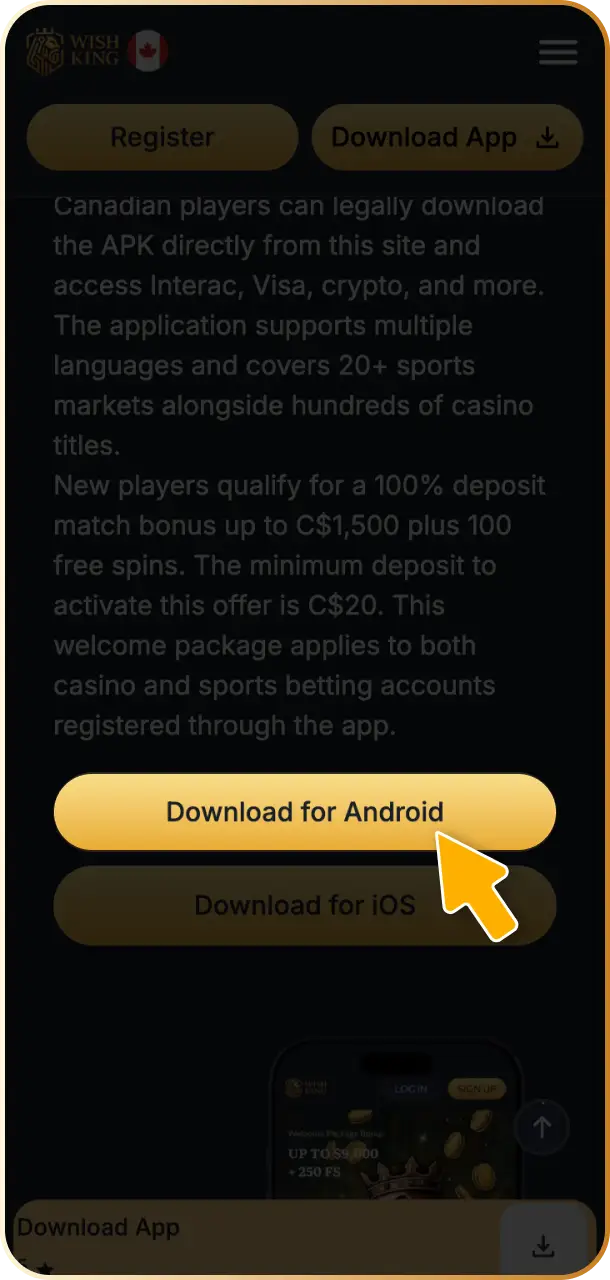 Tap the download button on the WishKing Canada website to start downloading the official APK file.