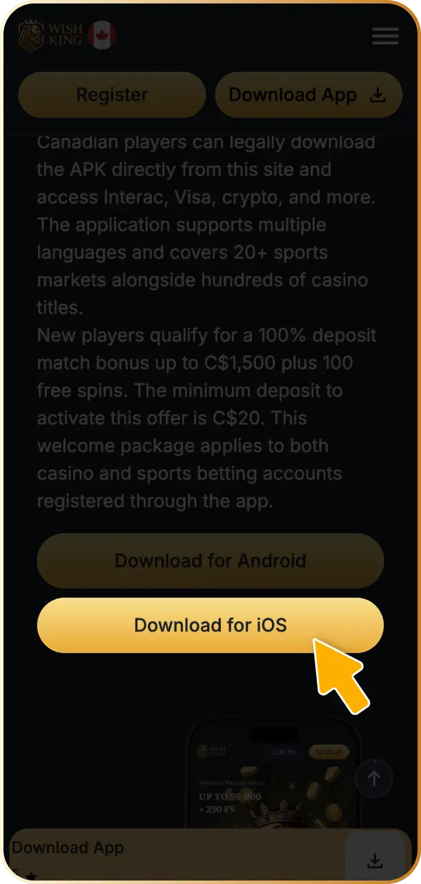 Open the WishKing Canada website in the Safari browser on your iPhone or iPad.