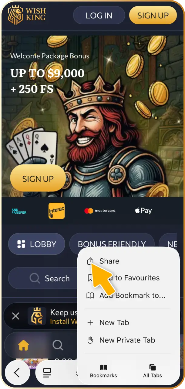 Tap the Share icon located at the bottom menu bar of your Safari browser for WishKing Canada.