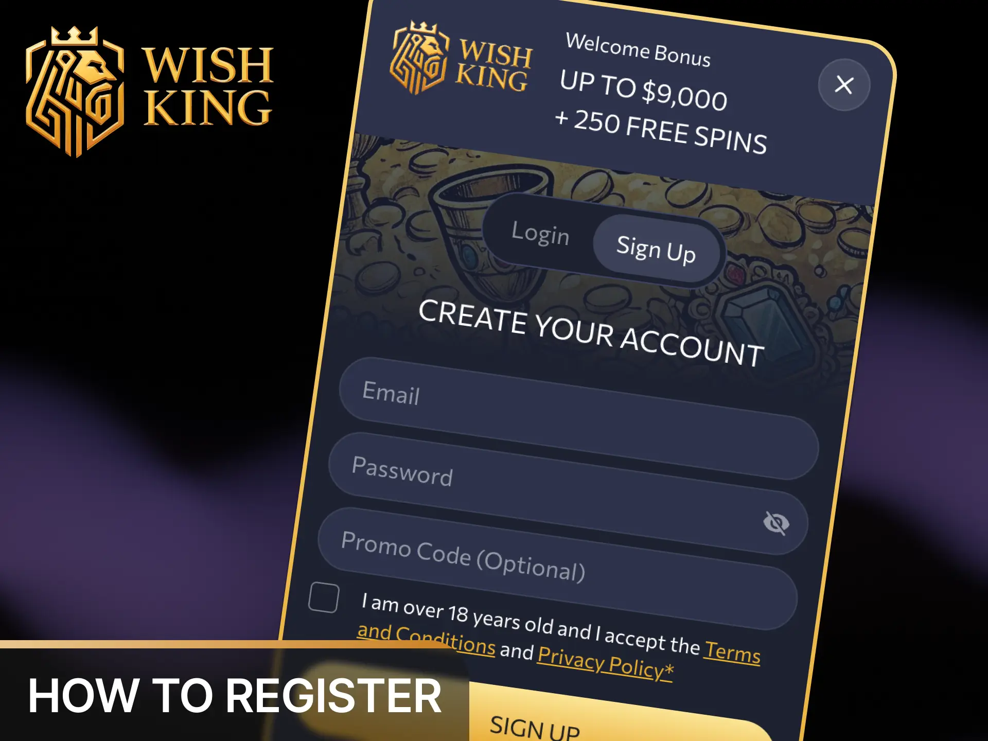 Learn how to create a new player account directly through the WishKing mobile app interface.