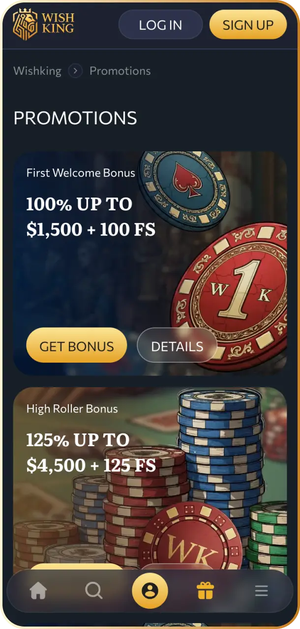 Preview of the bonus section interface displaying current promotions and welcome offers on the WishKing Canada app.