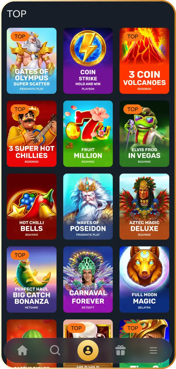 Screenshot of the online casino lobby featuring popular slots and table games on the WishKing Canada app.