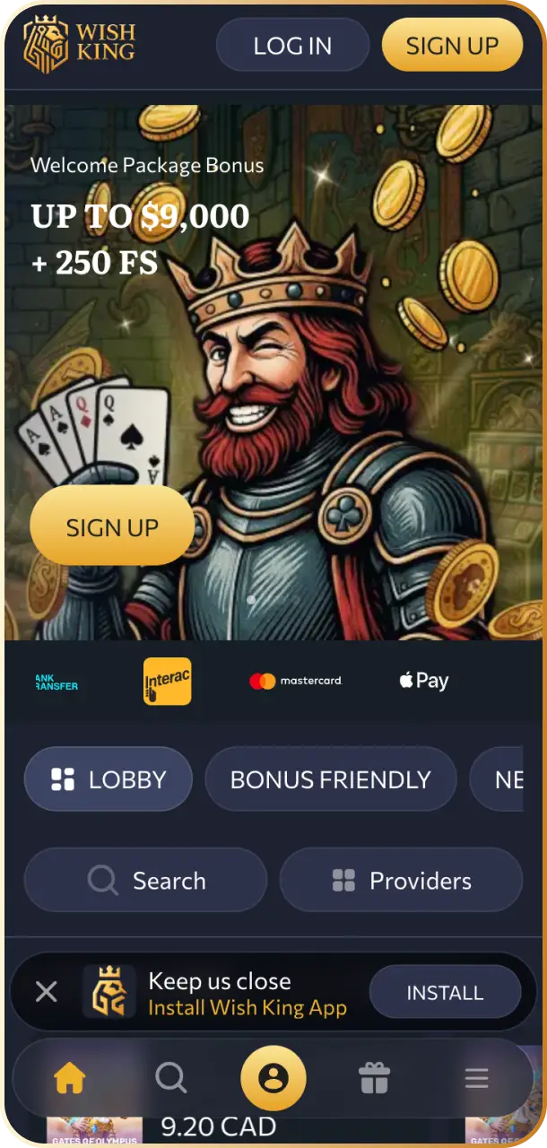 Overview of the home screen layout showing quick navigation and top features on the WishKing Canada app.