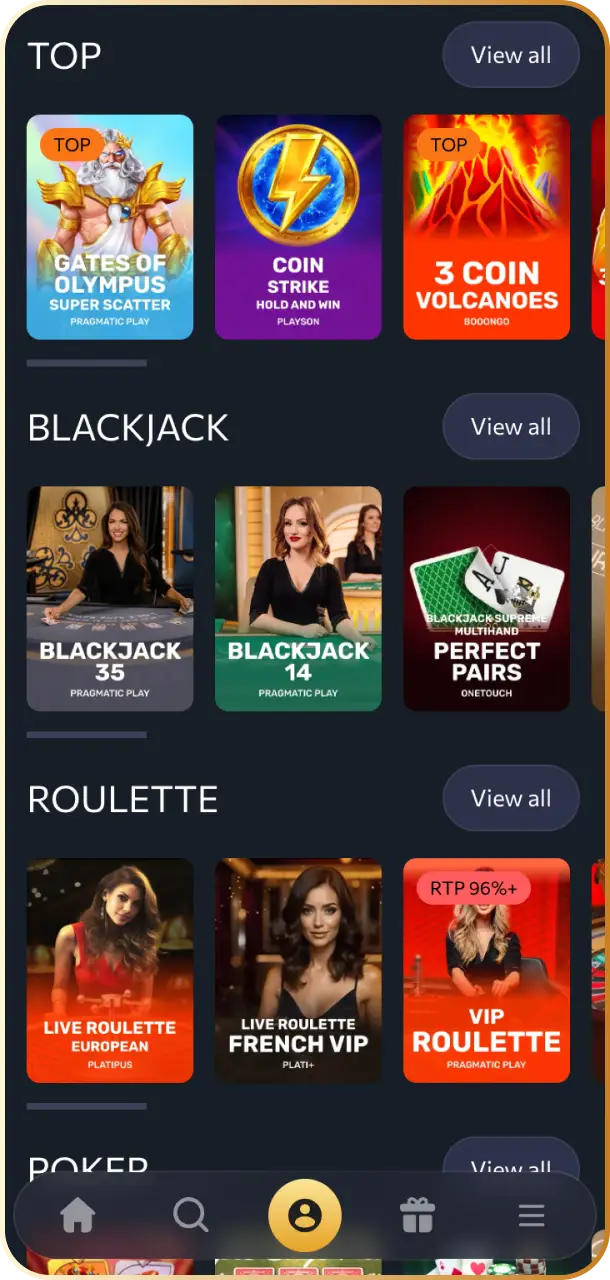 Preview of the live casino section with interactive dealer tables and live game shows on the WishKing Canada app.