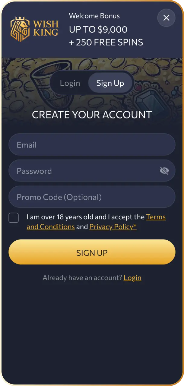 Screenshot of the mobile registration form for quick account creation on the WishKing Canada app.