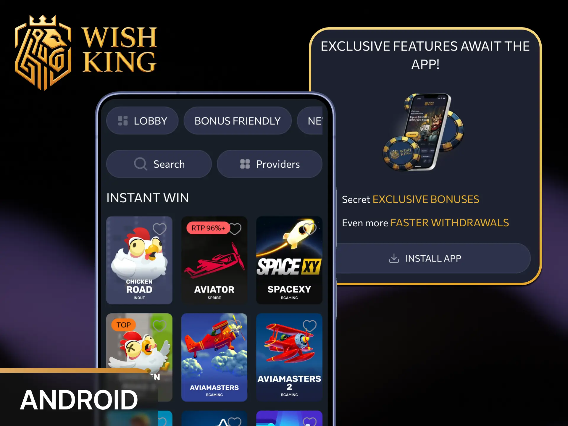 Download the APK file and install the WishKing app to play Aviator on Android devices.