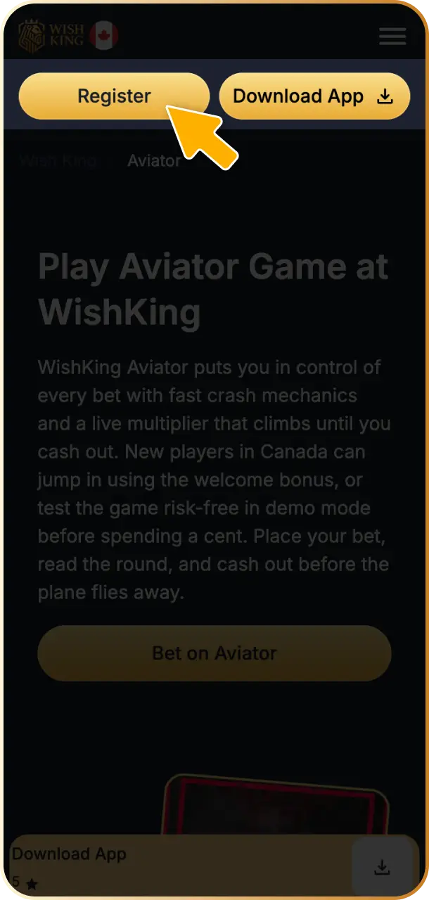 Click the registration button on the WishKing Canada website to open the sign-up form.