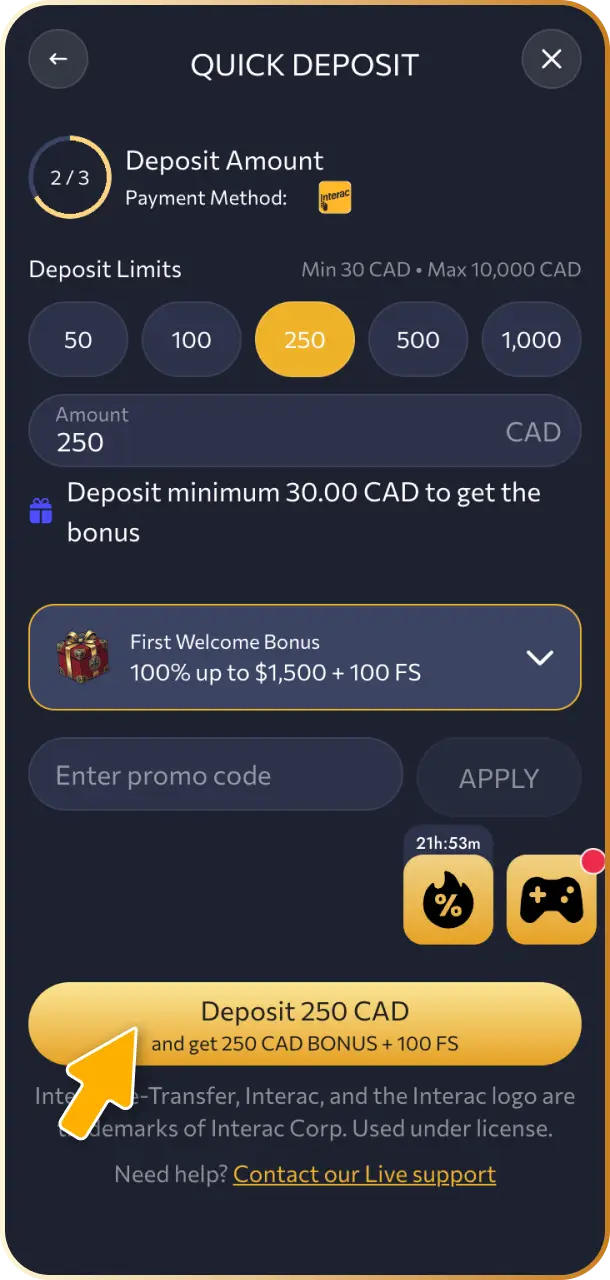 Make your first deposit in CAD using secure payment methods to fund your WishKing Canada balance.