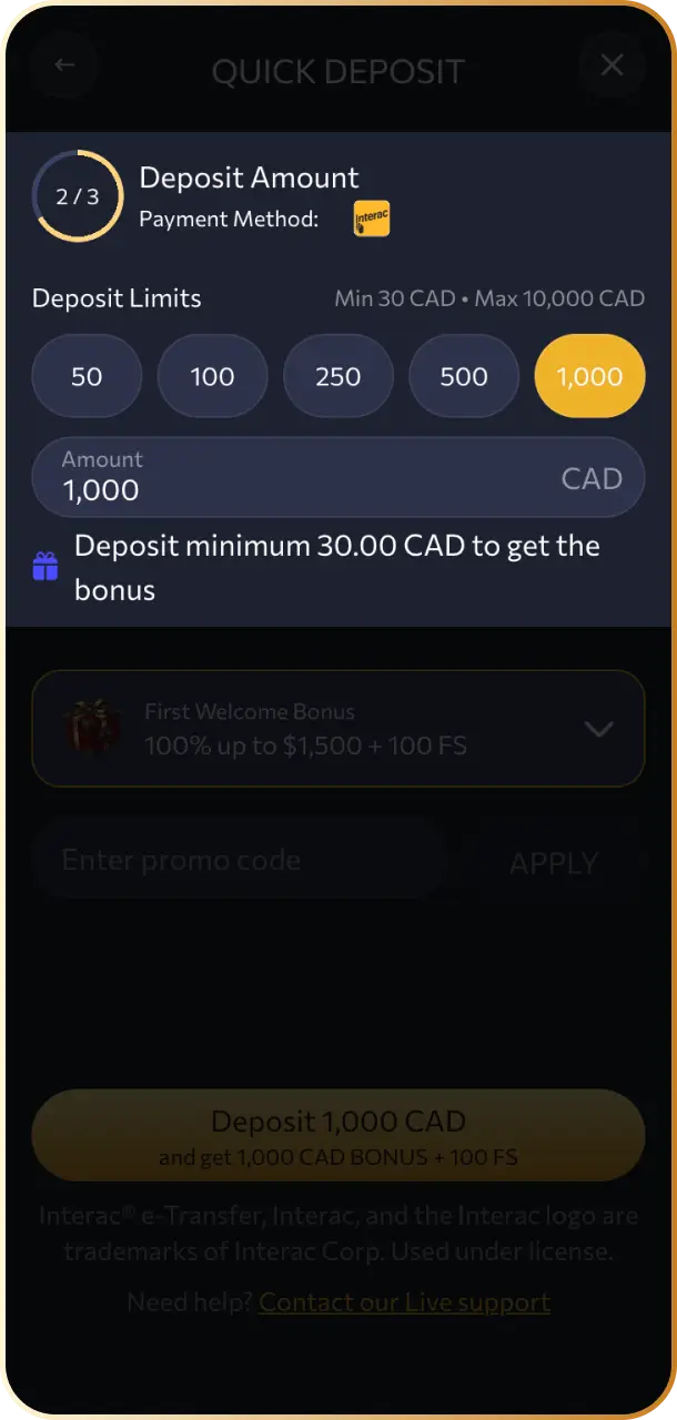 Enter the deposit amount in CAD while ensuring it meets minimum bonus requirements on WishKing Canada.