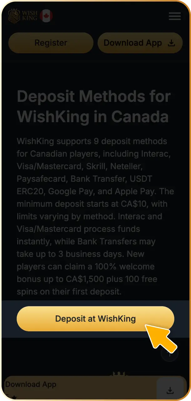 Access your WishKing Canada account and open the main cashier section.