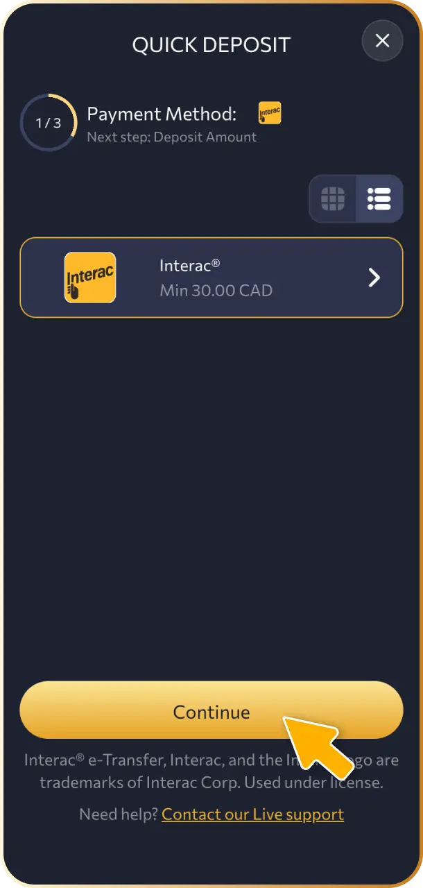 Select your preferred payment option, such as Interac e-Transfer, credit card, or cryptocurrency, on WishKing Canada.