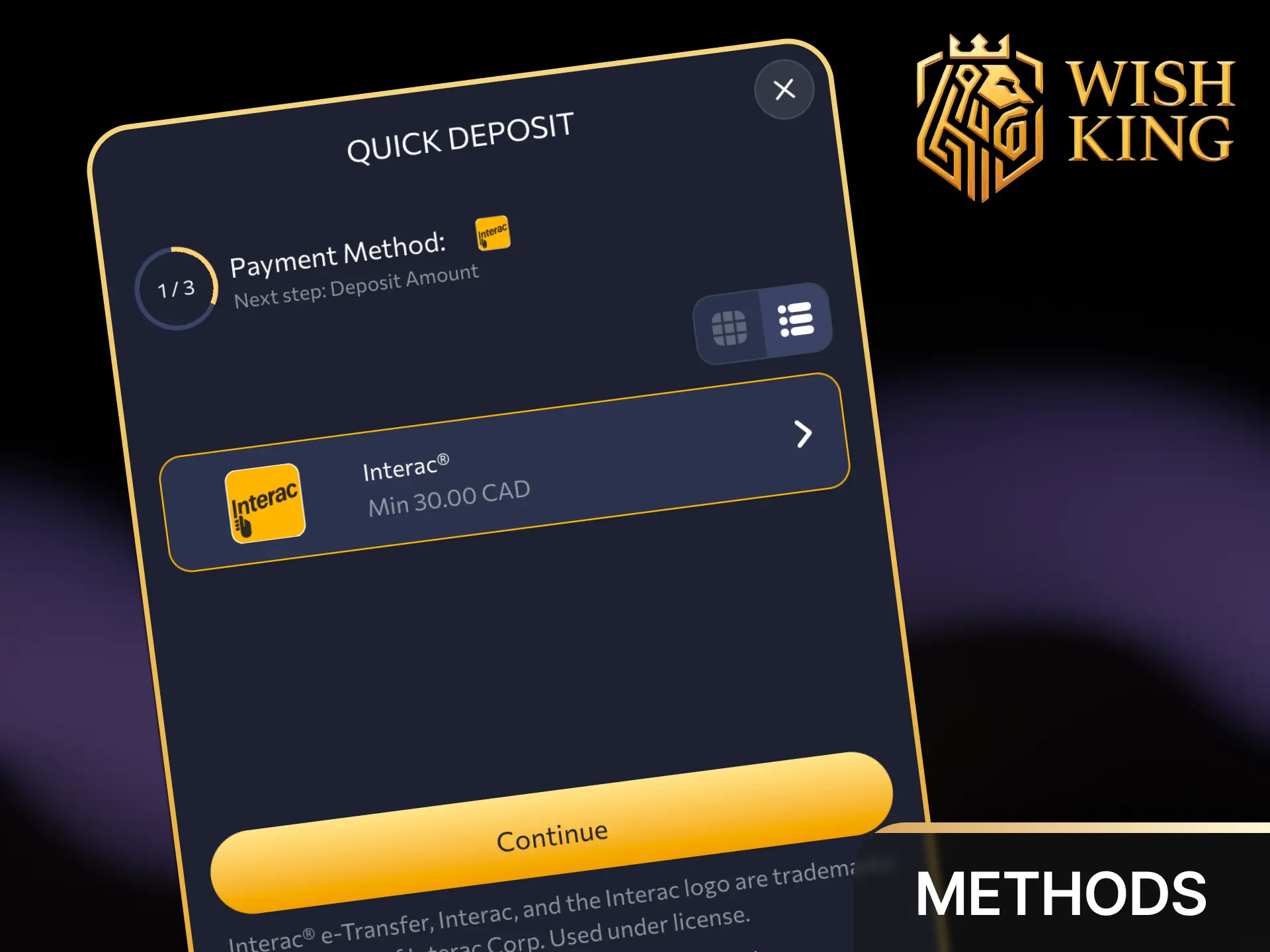 Choose from top Canadian banking options, including Interac, credit cards, e-wallets, and cryptocurrency at WishKing Canada.