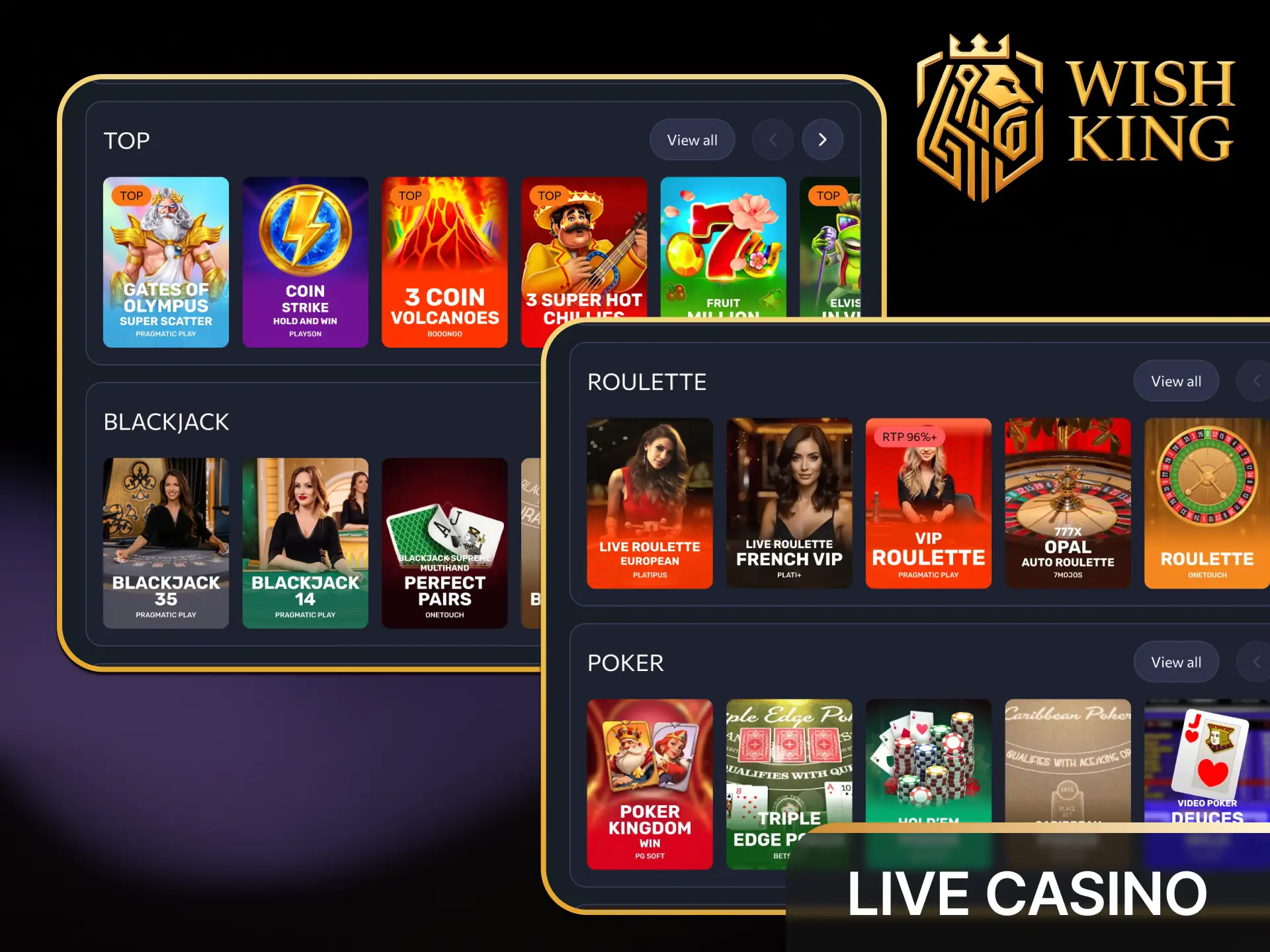 Play real-time blackjack, roulette, and baccarat with live dealers in the WishKing Canada live casino.