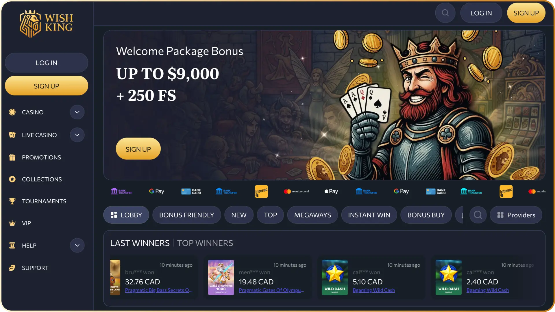 Screenshot of the home page layout showing top games, navigation menu, and quick access tabs on the WishKing Canada app.