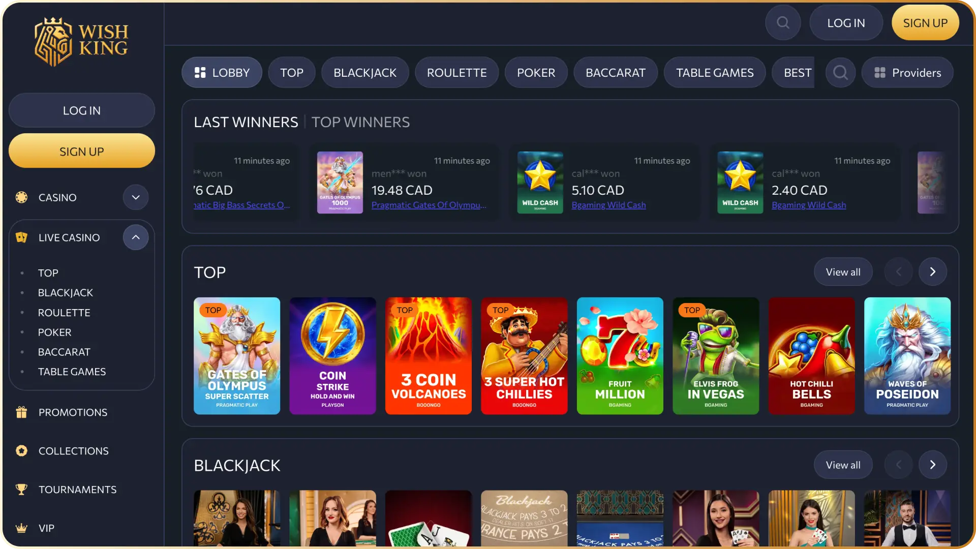 Interface preview of the live casino lobby featuring real-time dealer tables and game shows on the WishKing Canada app.