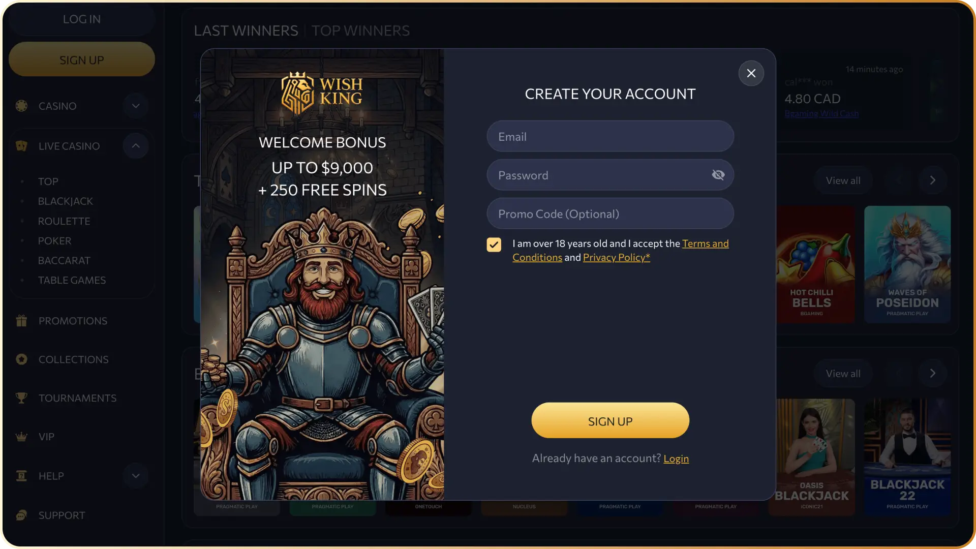 Screenshot of the mobile registration screen for quick account sign-up on the WishKing Canada app.