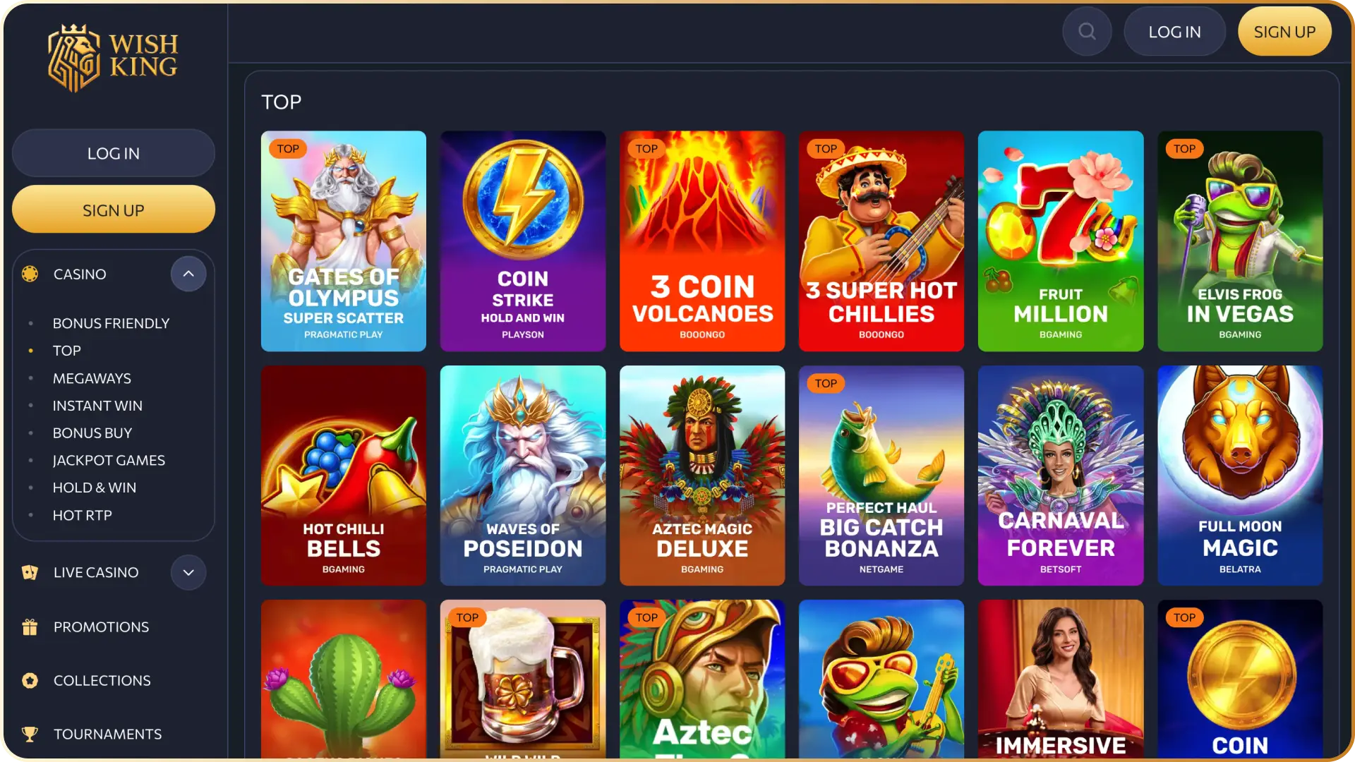 Display of the online slots section featuring popular titles, jackpot games, and search filters on the WishKing Canada app.