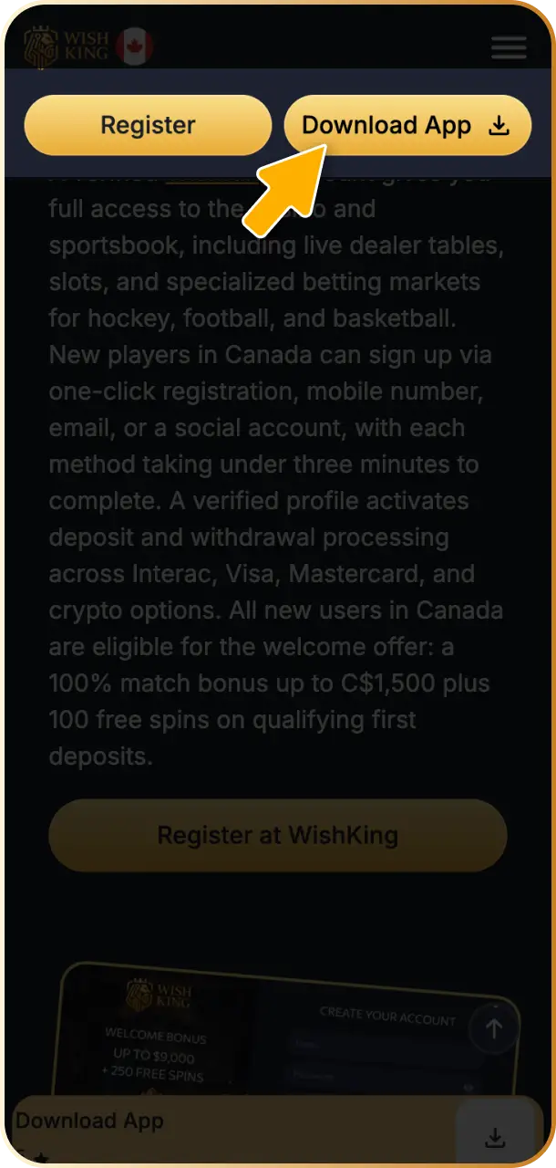 Open the WishKing Canada website in your mobile browser on iOS or Android.