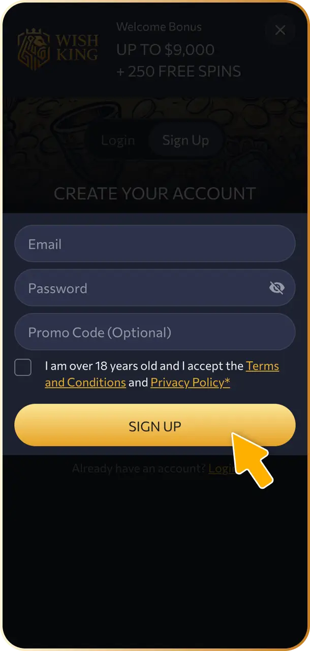 Fill in your personal details, email, and account password on the WishKing Canada mobile app.