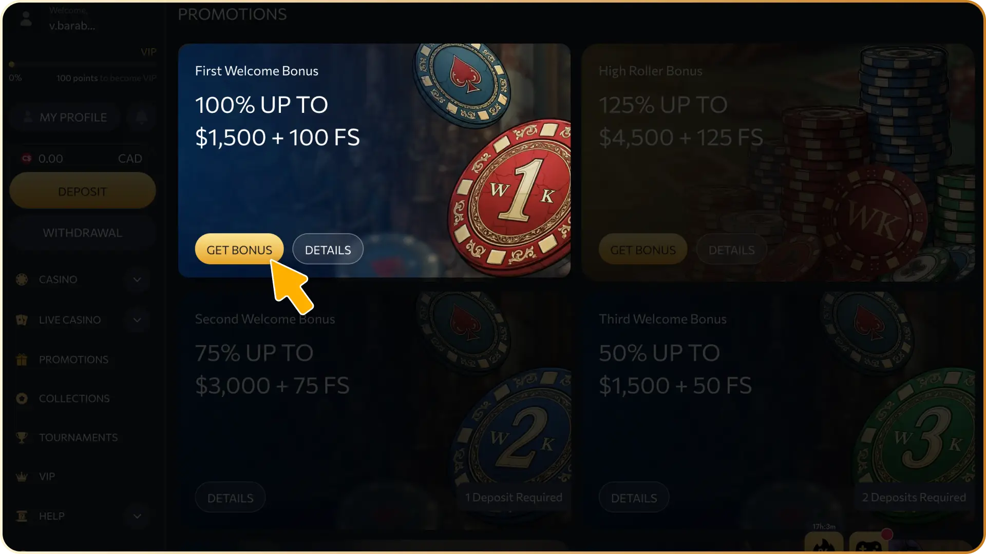 Select and activate your preferred welcome bonus offer to start playing real money games at WishKing Canada.