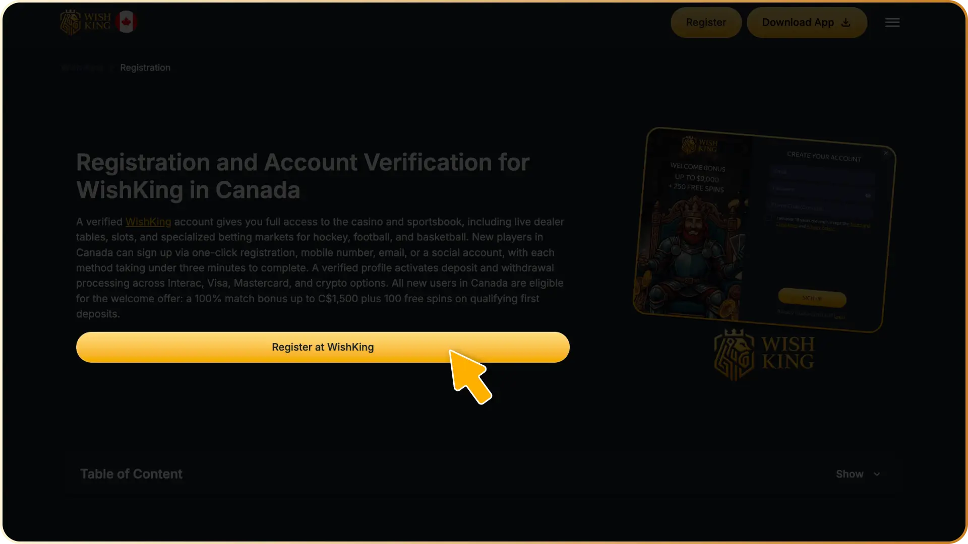 Click the sign-up button on the WishKing Canada website to launch the account registration modal.
