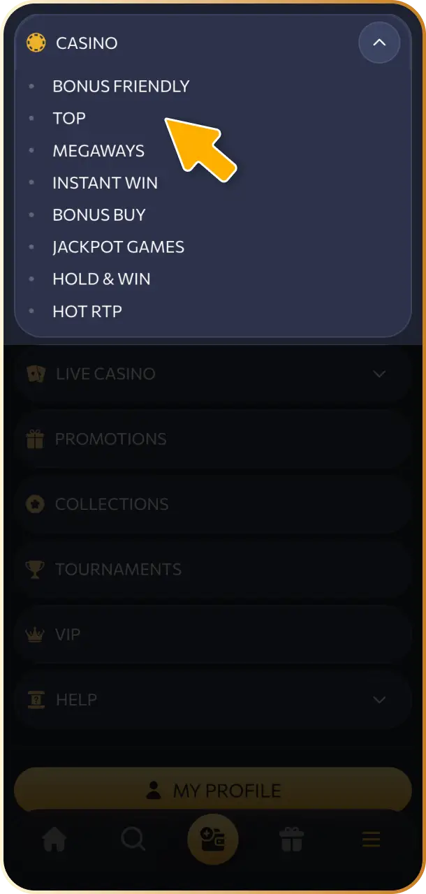 Navigate to the slots category in the main navigation menu at WishKing Canada.