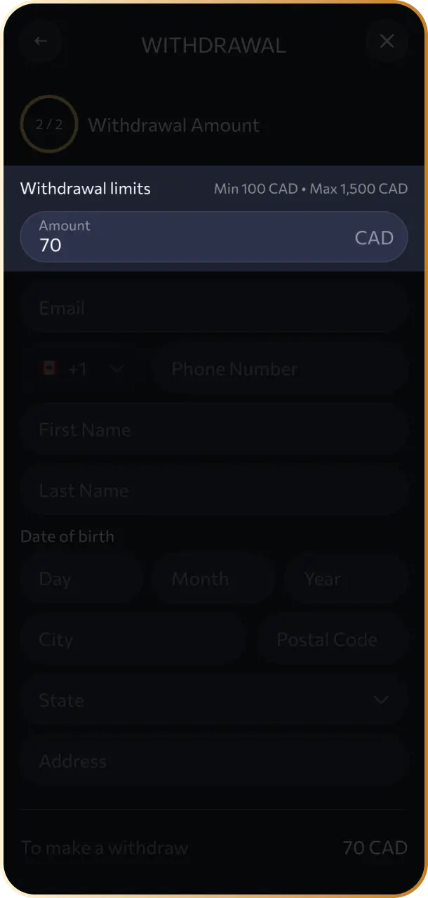 Enter the amount in CAD you wish to cash out from your WishKing Canada real money balance.