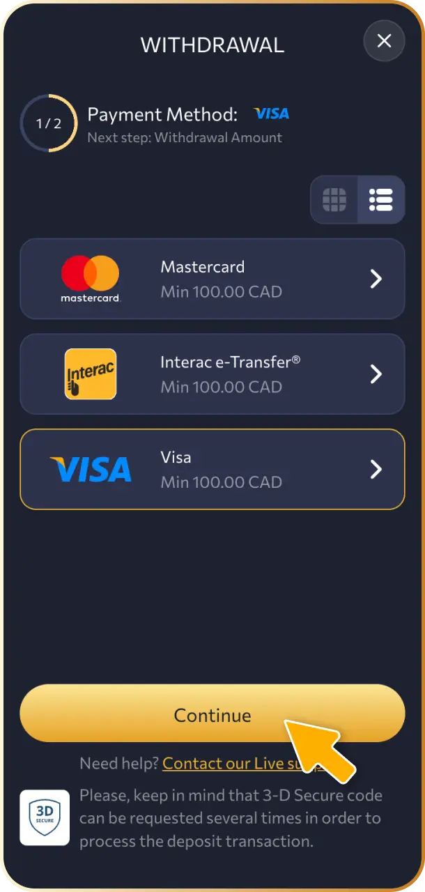 Select your preferred Canadian payout method, such as Interac e-Transfer, bank transfer, or crypto, on WishKing Canada.