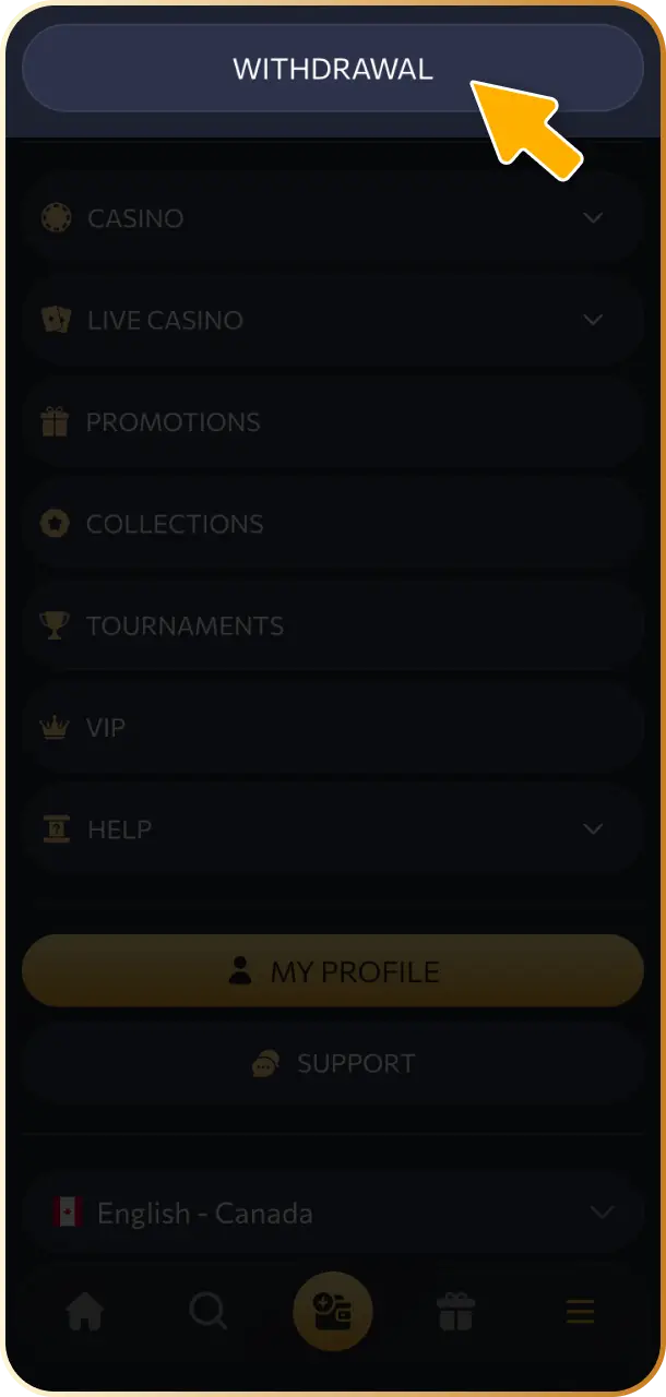 Navigate to the wallet or cashier section and select the withdrawal option on WishKing Canada.